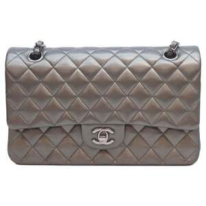 CHANEL Gray Metallic Double Flap Matelassé 25